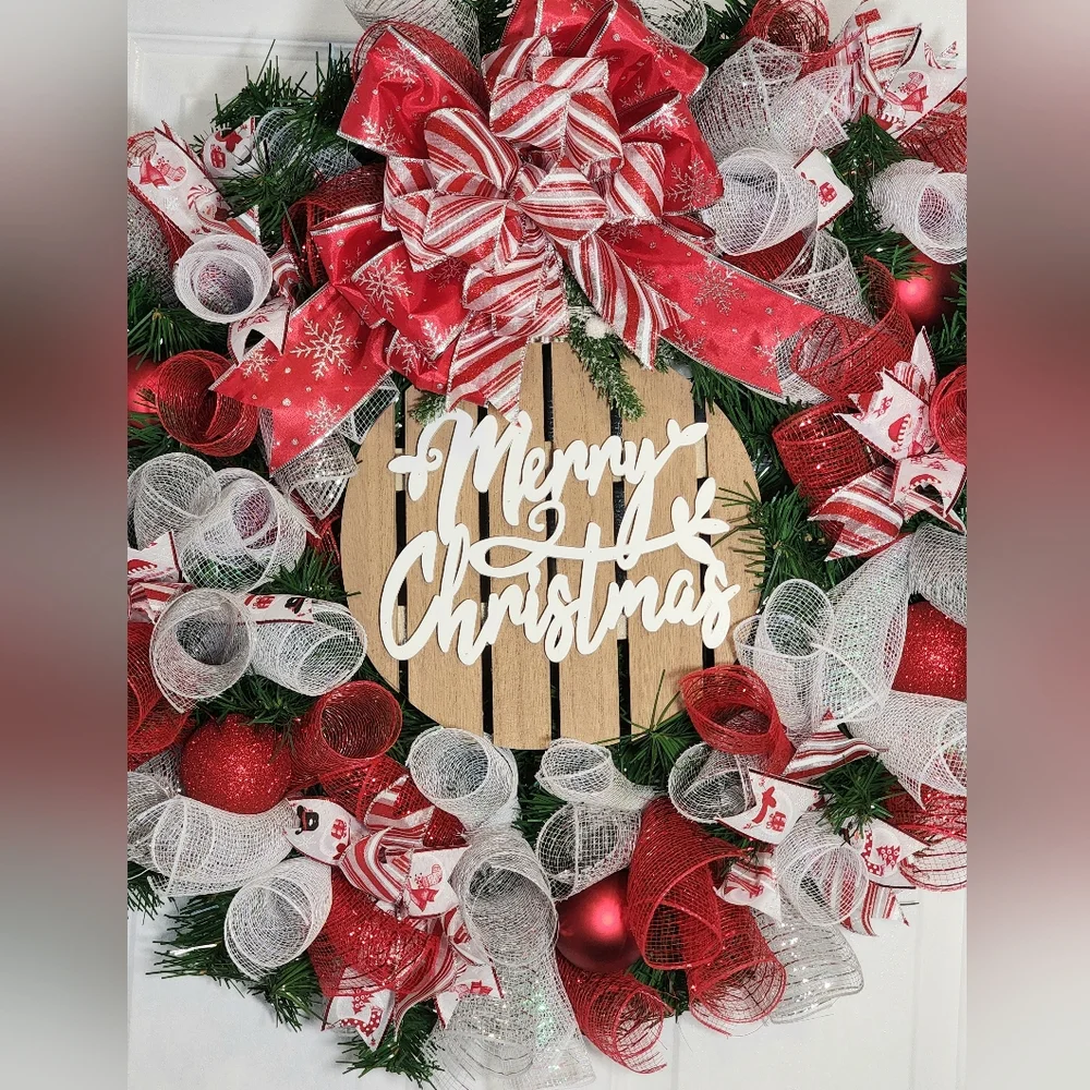 Festive Merry Christmas Wreath - Red, White, Silver